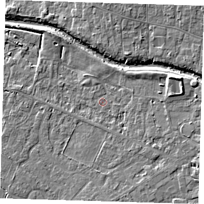 Shaded relief map of the ground around PE159UR, computed from Environment Agency LiDAR. The ground here sits at about 1 m above sea level and falls 9 m across the surrounding 800 m. Surface water reaching this point runs off ground lying to the east-north-east, 5.8 m higher.