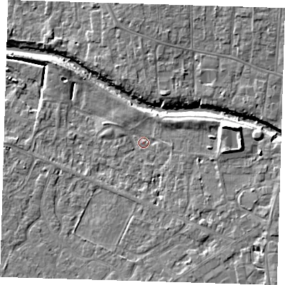 Shaded relief map of the ground around PE159US, computed from Environment Agency LiDAR. The ground here sits at about 2 m above sea level and falls 9 m across the surrounding 800 m. Surface water reaching this point runs off ground lying to the east-north-east, 5.8 m higher.