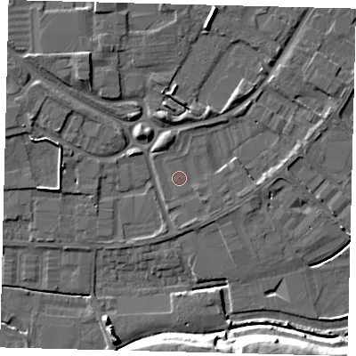 Shaded relief map of the ground around PE15AH, computed from Environment Agency LiDAR. The ground here sits at about 4 m above sea level and falls 12 m across the surrounding 800 m. Surface water reaching this point runs off ground lying to the north-north-west, 1.8 m higher.