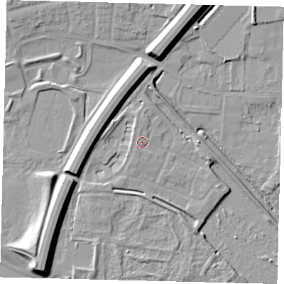 Shaded relief map of the ground around PE15AZ, computed from Environment Agency LiDAR. The ground here sits at about 7 m above sea level and falls 12 m across the surrounding 800 m. Surface water reaching this point runs off ground lying to the north, 0.8 m higher.