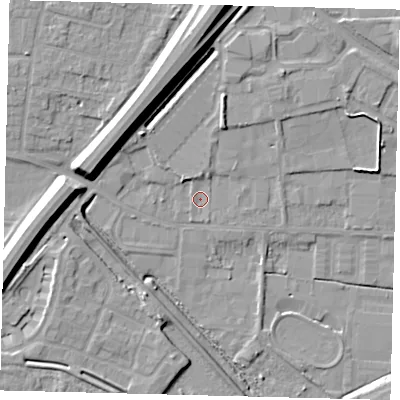 Shaded relief map of the ground around PE15BA, computed from Environment Agency LiDAR. The ground here sits at about 4 m above sea level and falls 12 m across the surrounding 800 m. Surface water reaching this point runs off ground lying to the north-north-east, 3.1 m higher.