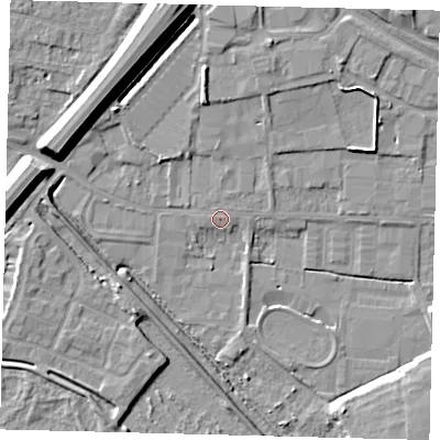 Shaded relief map of the ground around PE15BB, computed from Environment Agency LiDAR. The ground here sits at about 4 m above sea level and falls 11 m across the surrounding 800 m. The ground contributing surface water to this point lies to the north-north-east.
