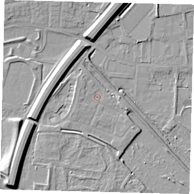 Shaded relief map of the ground around PE15BD, computed from Environment Agency LiDAR. The ground here sits at about 6 m above sea level and falls 12 m across the surrounding 800 m. Surface water reaching this point runs off ground lying to the north-west, 3.3 m higher.