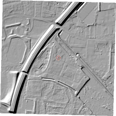 Shaded relief map of the ground around PE15BE, computed from Environment Agency LiDAR. The ground here sits at about 6 m above sea level and falls 12 m across the surrounding 800 m. Surface water reaching this point runs off ground lying to the north-north-west, 1.1 m higher.