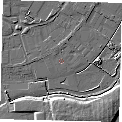 Shaded relief map of the ground around PE15BF, computed from Environment Agency LiDAR. The ground here sits at about 4 m above sea level and falls 14 m across the surrounding 800 m. The ground contributing surface water to this point lies to the east.