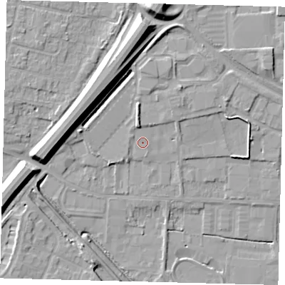 Shaded relief map of the ground around PE15BG, computed from Environment Agency LiDAR. The ground here sits at about 5 m above sea level and falls 12 m across the surrounding 800 m. Surface water reaching this point runs off ground lying to the north-north-west, 2.3 m higher.