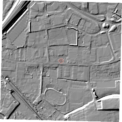 Shaded relief map of the ground around PE15BH, computed from Environment Agency LiDAR. The ground here sits at about 4 m above sea level and falls 12 m across the surrounding 800 m. Surface water reaching this point runs off ground lying to the north-north-west, 1.8 m higher.