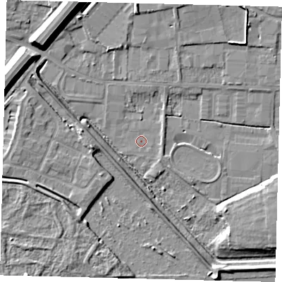 Shaded relief map of the ground around PE15BJ, computed from Environment Agency LiDAR. The ground here sits at about 3 m above sea level and falls 11 m across the surrounding 800 m. Surface water reaching this point runs off ground lying to the north, 1.9 m higher.