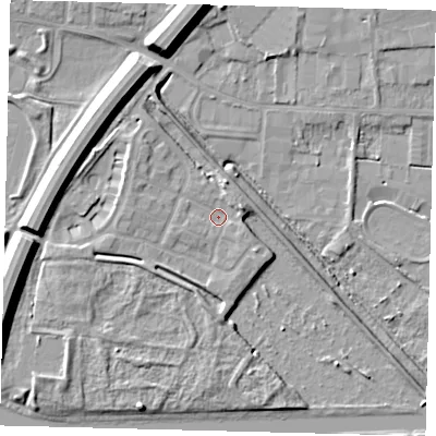Shaded relief map of the ground around PE15BL, computed from Environment Agency LiDAR. The ground here sits at about 5 m above sea level and falls 10 m across the surrounding 800 m. Surface water reaching this point runs off ground lying to the west-south-west, 2.2 m higher.