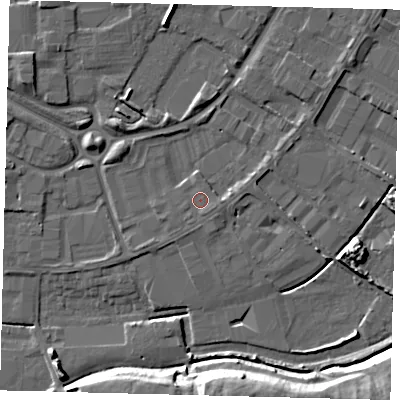 Shaded relief map of the ground around PE15BN, computed from Environment Agency LiDAR. The ground here sits at about 4 m above sea level and falls 13 m across the surrounding 800 m. Surface water reaching this point runs off ground lying to the south-south-east, 0.6 m higher.