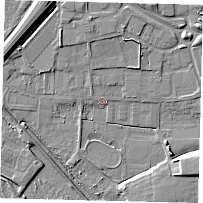 Shaded relief map of the ground around PE15BP, computed from Environment Agency LiDAR. The ground here sits at about 4 m above sea level and falls 11 m across the surrounding 800 m. Surface water reaching this point runs off ground lying to the north-north-west, 5.3 m higher.