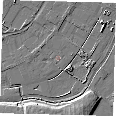 Shaded relief map of the ground around PE15BQ, computed from Environment Agency LiDAR. The ground here sits at about 4 m above sea level and falls 13 m across the surrounding 800 m. Surface water reaching this point runs off ground lying to the south-south-west, 1.6 m higher.