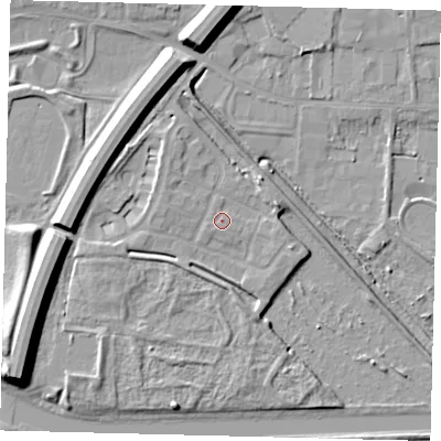 Shaded relief map of the ground around PE15BT, computed from Environment Agency LiDAR. The ground here sits at about 6 m above sea level and falls 12 m across the surrounding 800 m. Surface water reaching this point runs off ground lying to the south-west, 2.4 m higher.