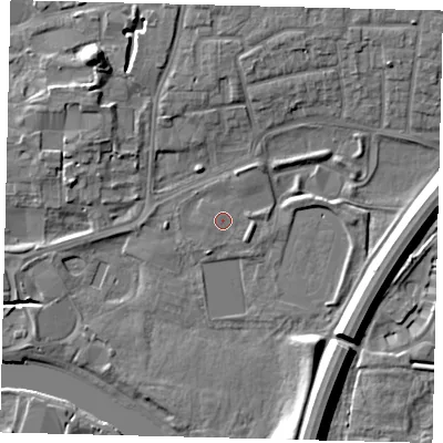 Shaded relief map of the ground around PE15BW, computed from Environment Agency LiDAR. The ground here sits at about 6 m above sea level and falls 12 m across the surrounding 800 m. The ground contributing surface water to this point lies to the west.