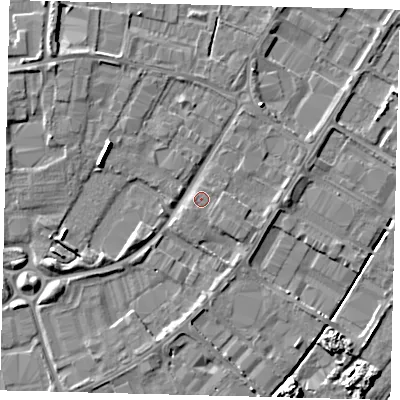 Shaded relief map of the ground around PE15DE, computed from Environment Agency LiDAR. The ground here sits at about 4 m above sea level and falls 7 m across the surrounding 800 m. Surface water reaching this point runs off ground lying to the west-north-west, 4.4 m higher.