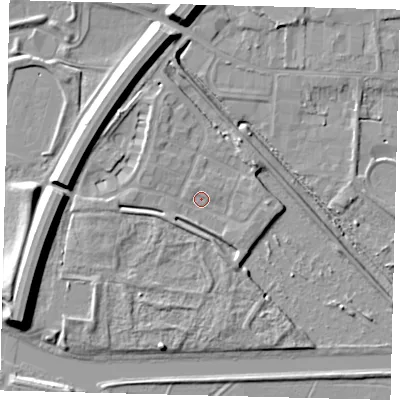 Shaded relief map of the ground around PE15DF, computed from Environment Agency LiDAR. The ground here sits at about 5 m above sea level and falls 12 m across the surrounding 800 m. Surface water reaching this point runs off ground lying to the west-south-west, 2.2 m higher.