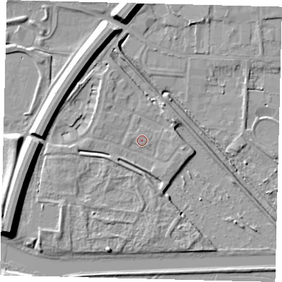Shaded relief map of the ground around PE15FA, computed from Environment Agency LiDAR. The ground here sits at about 6 m above sea level and falls 12 m across the surrounding 800 m. Surface water reaching this point runs off ground lying to the west-south-west, 2.2 m higher.