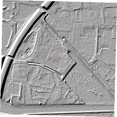 Shaded relief map of the ground around PE15FH, computed from Environment Agency LiDAR. The ground here sits at about 6 m above sea level and falls 11 m across the surrounding 800 m. Surface water reaching this point runs off ground lying to the north-north-west, 7.6 m higher.