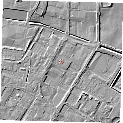 Shaded relief map of the ground around PE15FL, computed from Environment Agency LiDAR. The ground here sits at about 4 m above sea level and falls 7 m across the surrounding 800 m. The ground contributing surface water to this point lies to the south-east.