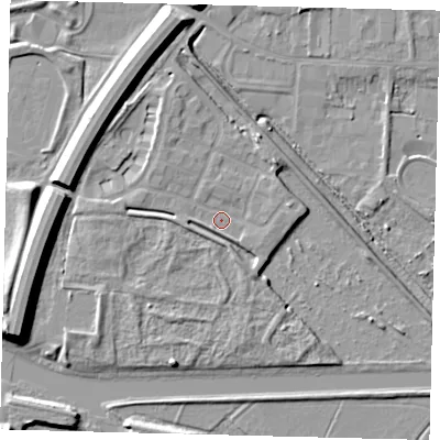 Shaded relief map of the ground around PE15FT, computed from Environment Agency LiDAR. The ground here sits at about 5 m above sea level and falls 12 m across the surrounding 800 m. Surface water reaching this point runs off ground lying to the west, 1.6 m higher.