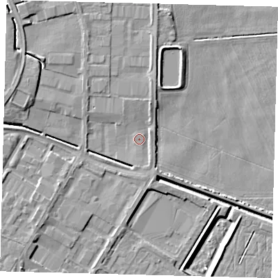 Shaded relief map of the ground around PE15NL, computed from Environment Agency LiDAR. The ground here sits at about 3 m above sea level and falls 6 m across the surrounding 800 m. Surface water reaching this point runs off ground lying to the west-south-west, 2.9 m higher.