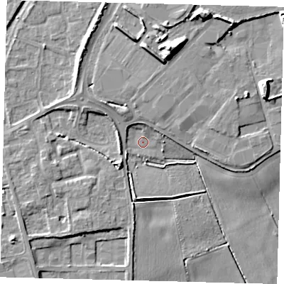 Shaded relief map of the ground around PE15NX, computed from Environment Agency LiDAR. The ground here sits at about 3 m above sea level and falls 13 m across the surrounding 800 m. Surface water reaching this point runs off ground lying to the north-north-west, 4.4 m higher.