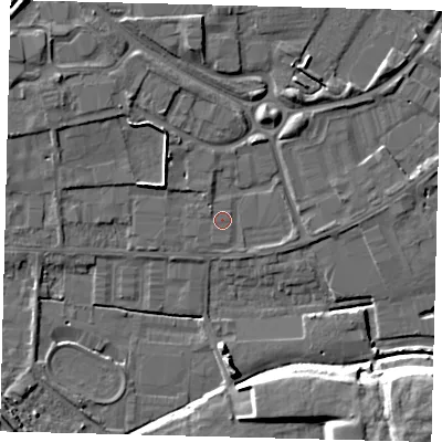 Shaded relief map of the ground around PE15PE, computed from Environment Agency LiDAR. The ground here sits at about 4 m above sea level and falls 13 m across the surrounding 800 m. Surface water reaching this point runs off ground lying to the east, 1.0 m higher.