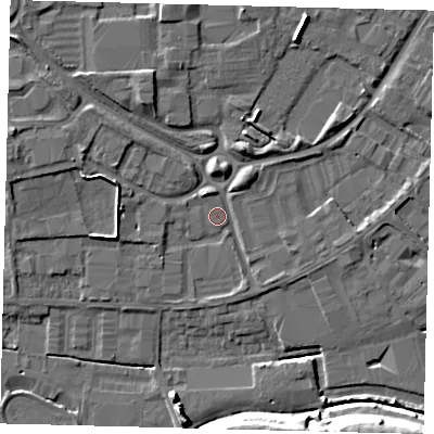 Shaded relief map of the ground around PE15PJ, computed from Environment Agency LiDAR. The ground here sits at about 4 m above sea level and falls 12 m across the surrounding 800 m. Surface water reaching this point runs off ground lying to the west-south-west, 0.6 m higher.