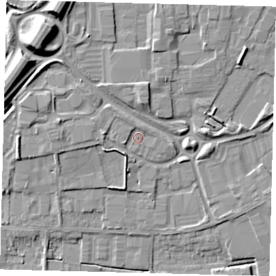 Shaded relief map of the ground around PE15PS, computed from Environment Agency LiDAR. The ground here sits at about 5 m above sea level and falls 12 m across the surrounding 800 m. Surface water reaching this point runs off ground lying to the west, 2.6 m higher.