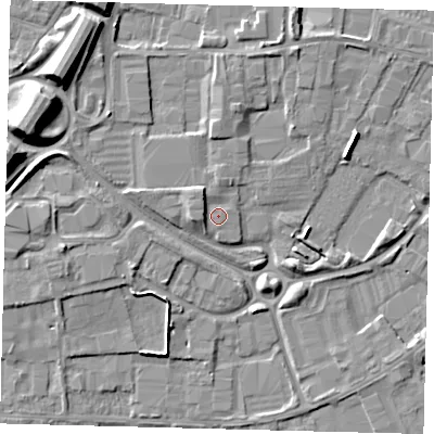 Shaded relief map of the ground around PE15PT, computed from Environment Agency LiDAR. The ground here sits at about 6 m above sea level and falls 11 m across the surrounding 800 m. Surface water reaching this point runs off ground lying to the north-west, 2.0 m higher.