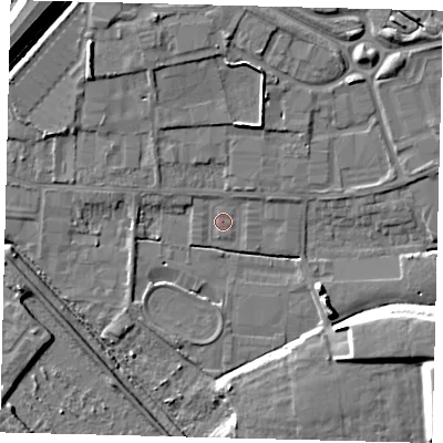 Shaded relief map of the ground around PE15QA, computed from Environment Agency LiDAR. The ground here sits at about 3 m above sea level and falls 11 m across the surrounding 800 m. Surface water reaching this point runs off ground lying to the north-north-east, 4.1 m higher.