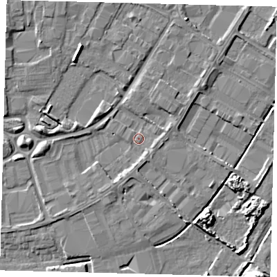 Shaded relief map of the ground around PE15QP, computed from Environment Agency LiDAR. The ground here sits at about 4 m above sea level and falls 8 m across the surrounding 800 m. Surface water reaching this point runs off ground lying to the west, 2.6 m higher.