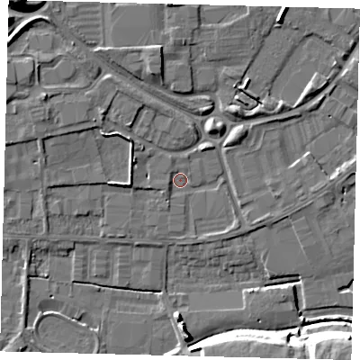 Shaded relief map of the ground around PE15QT, computed from Environment Agency LiDAR. The ground here sits at about 4 m above sea level and falls 12 m across the surrounding 800 m. Surface water reaching this point runs off ground lying to the west-south-west, 1.5 m higher.