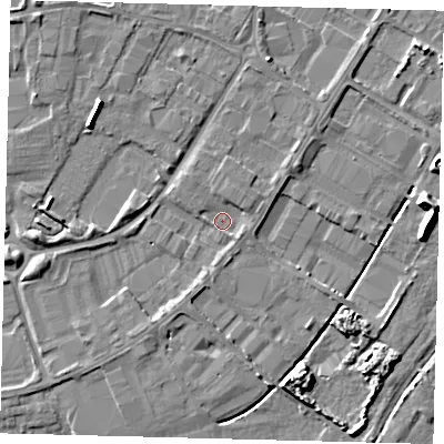 Shaded relief map of the ground around PE15SW, computed from Environment Agency LiDAR. The ground here sits at about 3 m above sea level and falls 9 m across the surrounding 800 m. Surface water reaching this point runs off ground lying to the west-south-west, 2.6 m higher.