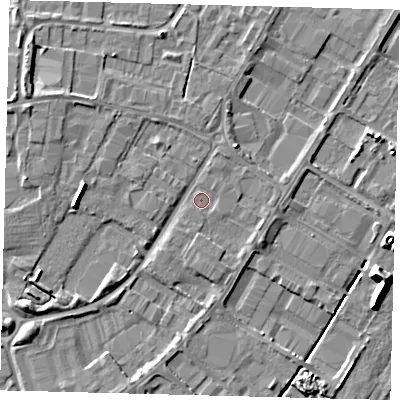 Shaded relief map of the ground around PE15UA, computed from Environment Agency LiDAR. The ground here sits at about 4 m above sea level and falls 9 m across the surrounding 800 m. Surface water reaching this point runs off ground lying to the west, 4.2 m higher.