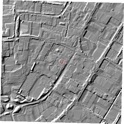 Shaded relief map of the ground around PE15UN, computed from Environment Agency LiDAR. The ground here sits at about 4 m above sea level and falls 7 m across the surrounding 800 m. Surface water reaching this point runs off ground lying to the north-west, 1.6 m higher.