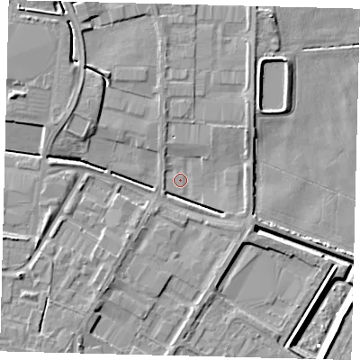 Shaded relief map of the ground around PE15WS, computed from Environment Agency LiDAR. The ground here sits at about 3 m above sea level and falls 7 m across the surrounding 800 m. Surface water reaching this point runs off ground lying to the west-south-west, 5.2 m higher.