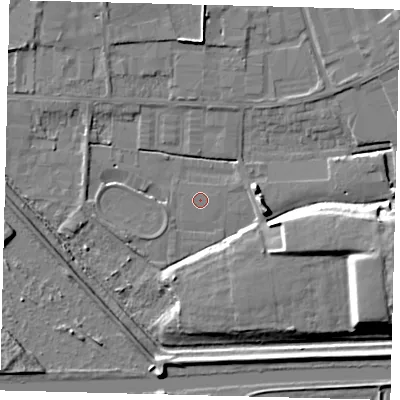 Shaded relief map of the ground around PE15XA, computed from Environment Agency LiDAR. The ground here sits at about 3 m above sea level and falls 10 m across the surrounding 800 m. Surface water reaching this point runs off ground lying to the east-north-east, 0.6 m higher.