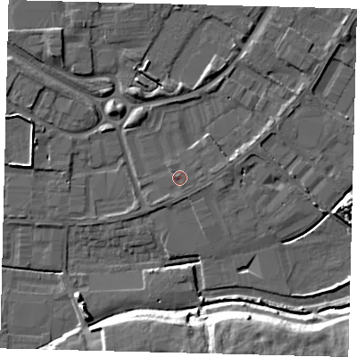 Shaded relief map of the ground around PE15XB, computed from Environment Agency LiDAR. The ground here sits at about 5 m above sea level and falls 13 m across the surrounding 800 m. Surface water reaching this point runs off ground lying to the north-west, 0.7 m higher.