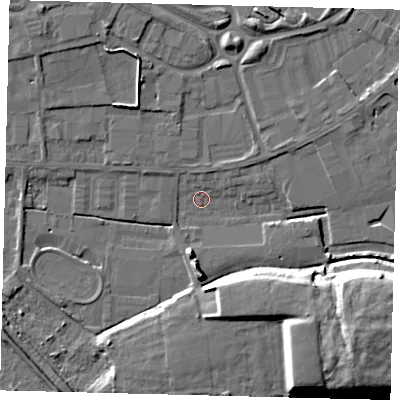 Shaded relief map of the ground around PE15XD, computed from Environment Agency LiDAR. The ground here sits at about 3 m above sea level and falls 13 m across the surrounding 800 m. Surface water reaching this point runs off ground lying to the north-north-west, 2.6 m higher.