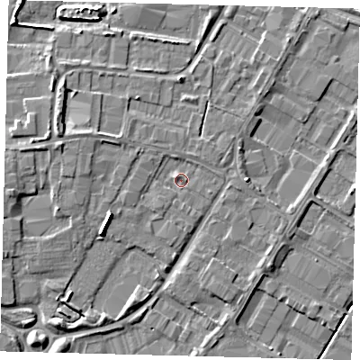Shaded relief map of the ground around PE15XF, computed from Environment Agency LiDAR. The ground here sits at about 4 m above sea level and falls 7 m across the surrounding 800 m. Surface water reaching this point runs off ground lying to the north-west, 1.6 m higher.