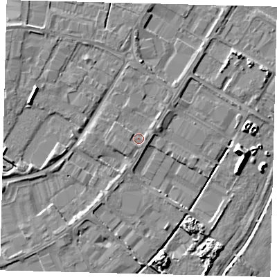 Shaded relief map of the ground around PE15XG, computed from Environment Agency LiDAR. The ground here sits at about 4 m above sea level and falls 9 m across the surrounding 800 m. Surface water reaching this point runs off ground lying to the north-east, 1.1 m higher.