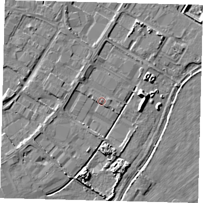 Shaded relief map of the ground around PE15XJ, computed from Environment Agency LiDAR. The ground here sits at about 4 m above sea level and falls 10 m across the surrounding 800 m. Surface water reaching this point runs off ground lying to the north-west, 2.4 m higher.