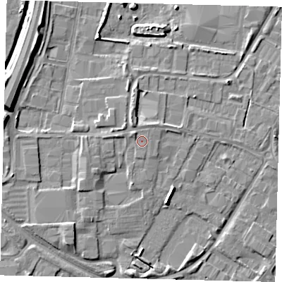 Shaded relief map of the ground around PE15XL, computed from Environment Agency LiDAR. The ground here sits at about 6 m above sea level and falls 7 m across the surrounding 800 m. Surface water reaching this point runs off ground lying to the north-west, 1.1 m higher.
