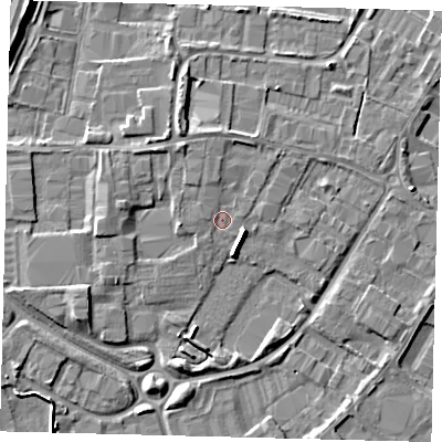 Shaded relief map of the ground around PE15XP, computed from Environment Agency LiDAR. The ground here sits at about 5 m above sea level and falls 7 m across the surrounding 800 m. Surface water reaching this point runs off ground lying to the north-west, 0.8 m higher.