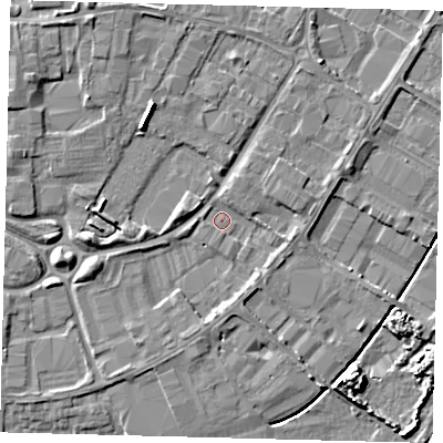 Shaded relief map of the ground around PE15XS, computed from Environment Agency LiDAR. The ground here sits at about 4 m above sea level and falls 6 m across the surrounding 800 m. Surface water reaching this point runs off ground lying to the west-south-west, 1.4 m higher.
