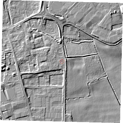 Shaded relief map of the ground around PE15YG, computed from Environment Agency LiDAR. The ground here sits at about 4 m above sea level and falls 9 m across the surrounding 800 m. Surface water reaching this point runs off ground lying to the east-north-east, 1.4 m higher.