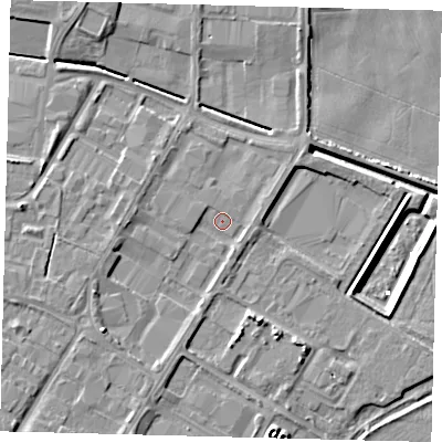 Shaded relief map of the ground around PE15YS, computed from Environment Agency LiDAR. The ground here sits at about 3 m above sea level and falls 6 m across the surrounding 800 m. Surface water reaching this point runs off ground lying to the south-west, 3.3 m higher.