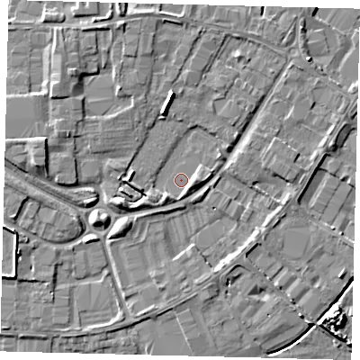 Shaded relief map of the ground around PE15YX, computed from Environment Agency LiDAR. The ground here sits at about 4 m above sea level and falls 6 m across the surrounding 800 m. Surface water reaching this point runs off ground lying to the east, 2.9 m higher.