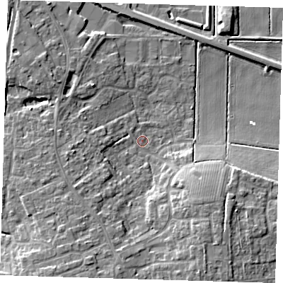 Shaded relief map of the ground around PE166DT, computed from Environment Agency LiDAR. The ground here sits at about 2 m above sea level and falls 10 m across the surrounding 800 m. Surface water reaching this point runs off ground lying to the south-west, 6.2 m higher.
